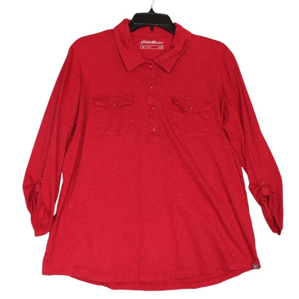 Eddie Bauer Women's XL Pullover 3/4 Sleeve‎ Collared Shirt Red